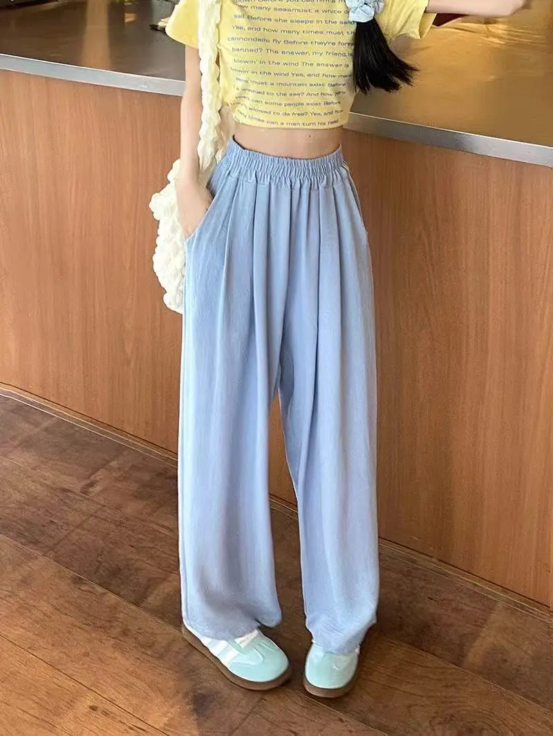 Casual Summer Ice Silk Wide Leg Pants Women's Floor-Length Draping Slimming Long Trousers Design Sense Polyester Satin