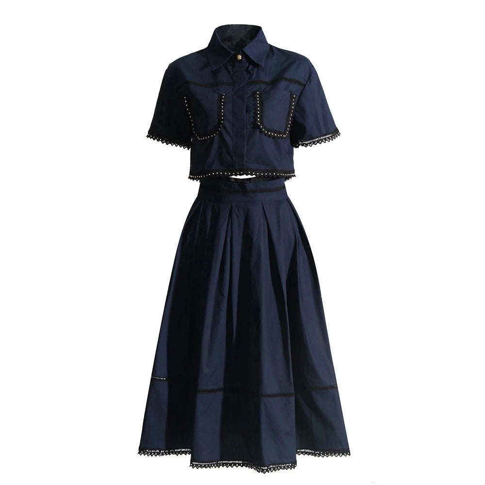 Solid Two Piece Sets For Women Lapel Short Sleeve Patchwork Pockets Tops High Waist Folds A Line Skirts Casual Set Female