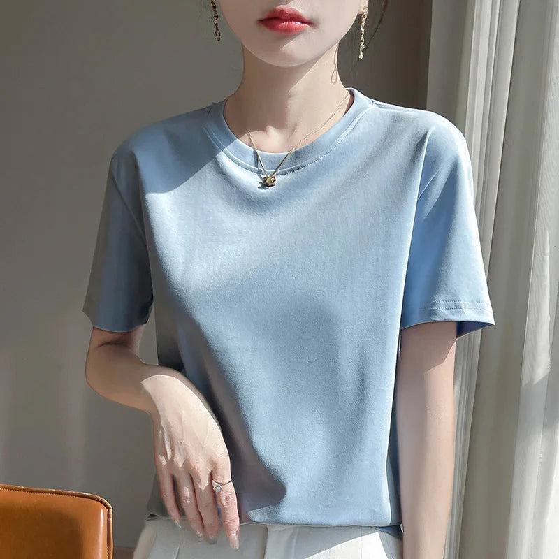 2026 Summer New Cotton Short Sleeve T-shirt Women's Round Neck Half Sleeve Mercerized Cotton Cool T-shirt