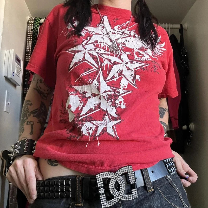 2000s Aesthetic Mall Goth E-girl Gothic T-shirt Retro Y2K Grunge Skull Wing Crop Tops Indie Graphic Print Short Sleeve Tee Women