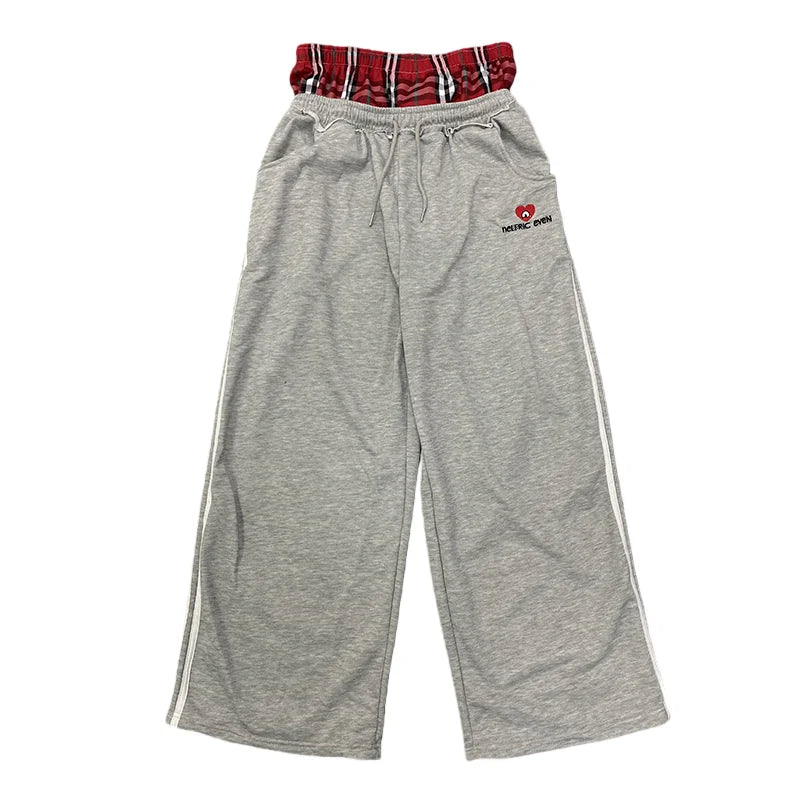 Women's Spring Checkered Double-Waisted Casual Pants Loose Street Fashion Sweatpants with Letter Embroidery