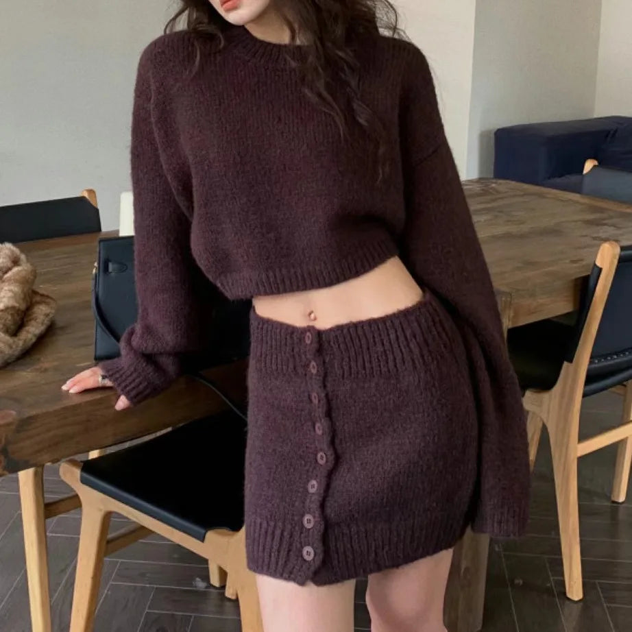 2026 New Autumn Winter Two Piece Sets Fashion Women Solid Warm Long Sleeve Sweaters Shorts Skirt Suit Casual Loose Streetwear