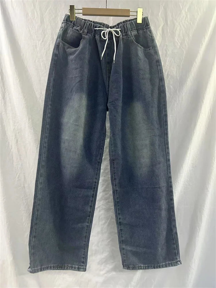 Botvotee Elastic Waist High Waist Wide Leg Jeans for Women Loose Straight Blue Long Denim Pants Female Fashion Streetwear Jeans
