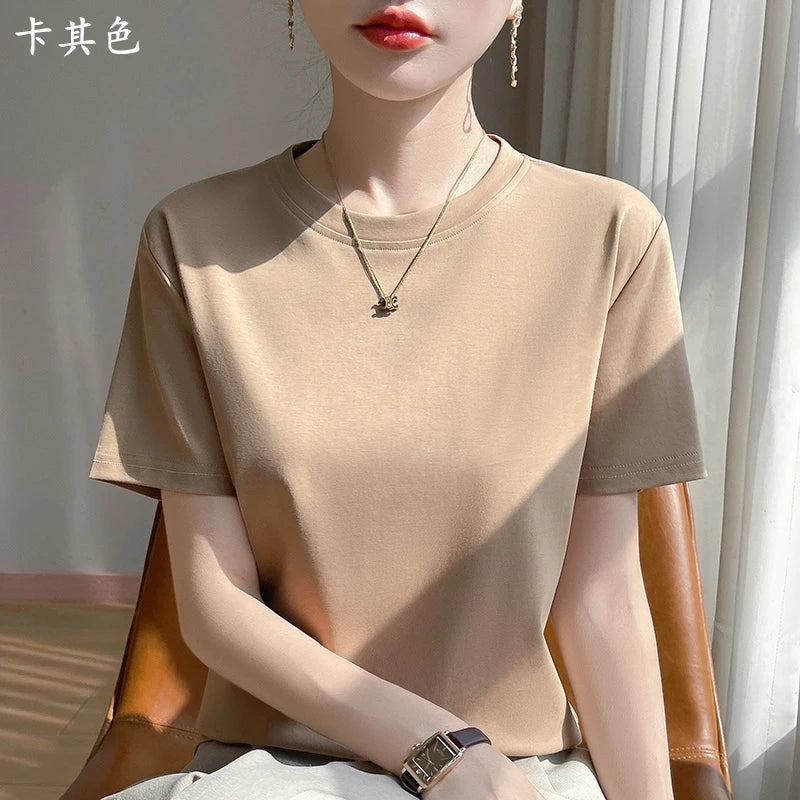 2026 Summer New Cotton Short Sleeve T-shirt Women's Round Neck Half Sleeve Mercerized Cotton Cool T-shirt