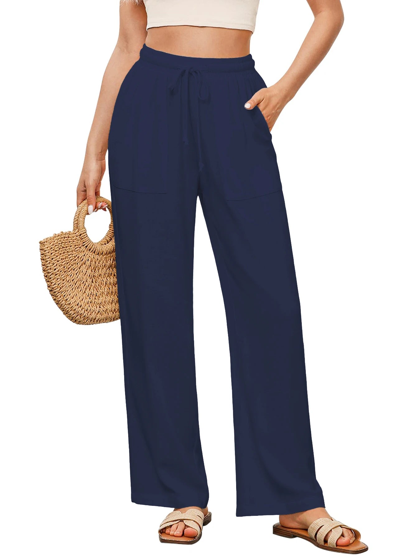 Women's Solid Color Loose Wide Leg Pants Casual Drawstring Straight Pants Pocket Casual Pants Trousers Loose High Waisted Pants