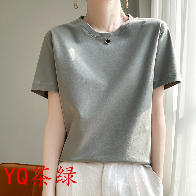 2026 Summer New Cotton Short Sleeve T-shirt Women's Round Neck Half Sleeve Mercerized Cotton Cool T-shirt