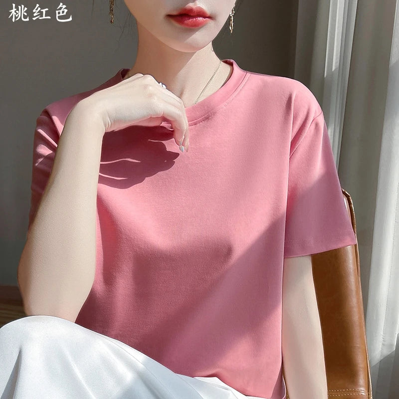2026 Summer New Cotton Short Sleeve T-shirt Women's Round Neck Half Sleeve Mercerized Cotton Cool T-shirt
