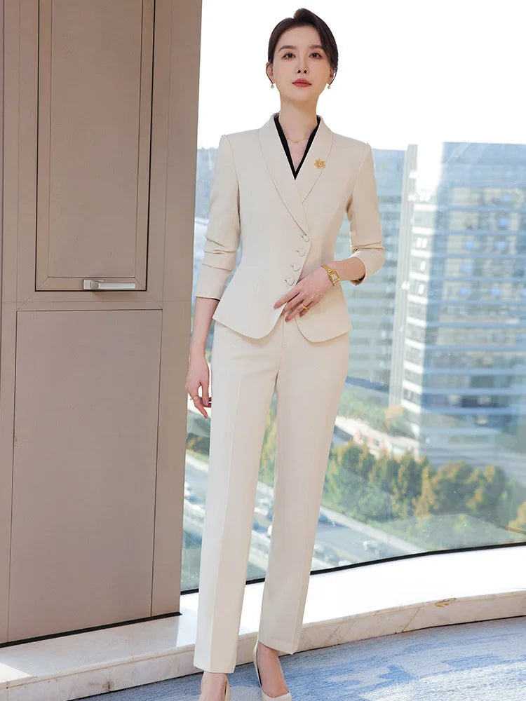 Office Business Women's Suit Pants Two-piece Set 2024 New Spring Autumn Long Sleeve Heart Button Jacket Slim Trousers Skirts