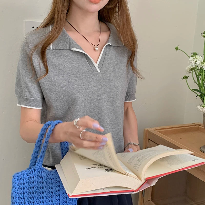 Summer 100% cotton women's T-shirt casual striped knit pullover short sleeved loose POLO collar Tees Pull luxury brand Tops