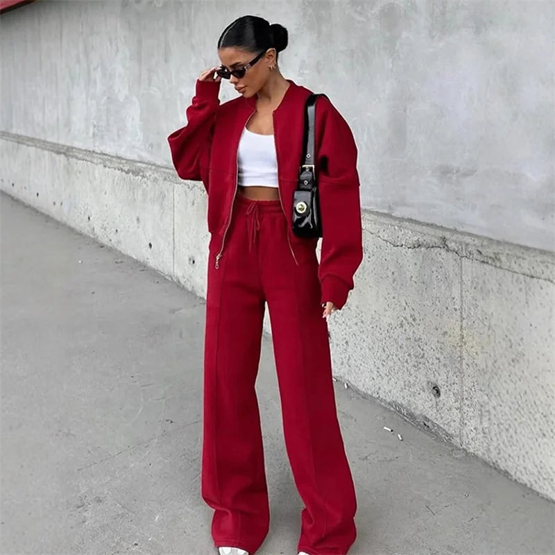 2026 Sweatshirt Two-piece Suit Women's Casual Sets Loose Zipper-up Short Jacket Tops Straight Trousers Sports 2-piece Sets Lady