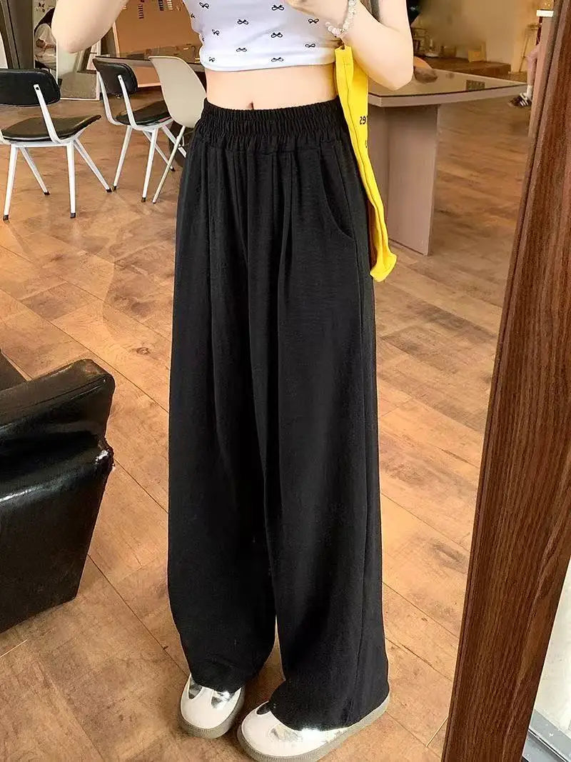 Casual Summer Ice Silk Wide Leg Pants Women's Floor-Length Draping Slimming Long Trousers Design Sense Polyester Satin