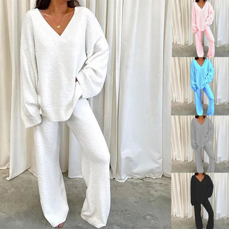 Autumn Winter Women's Comfortable Tracksuits Casual V-Neck Long Sleeve Pullover And Pants Warm Two Piece Set Women Fashion Sets