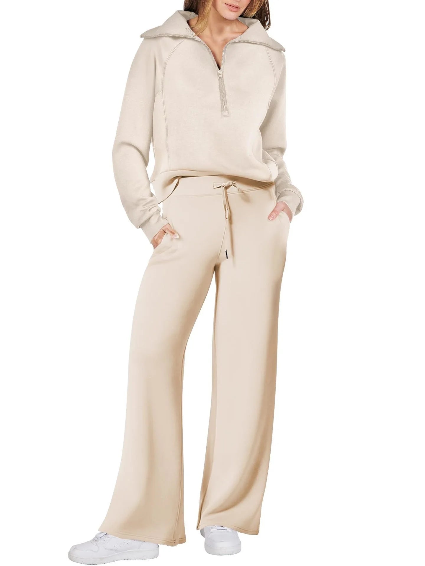 Solid Two-piece set Women Fashion Long Sleeve Zipper Sweater Pullover Tie up Pocket Wide Leg Pant Suit Loose Casual Sport Sets