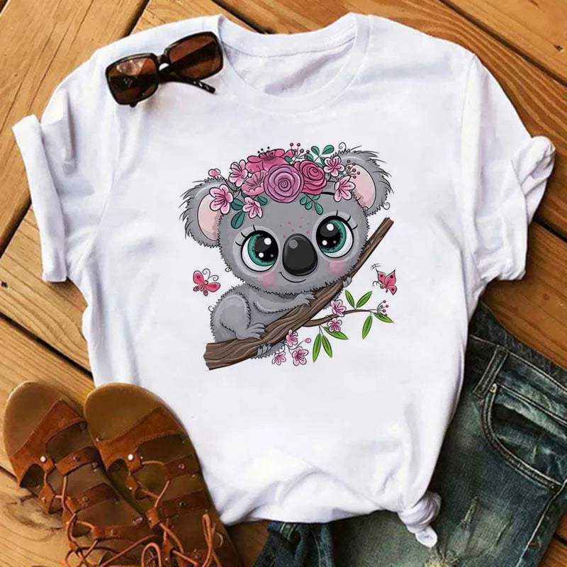 Maycaur Cartoon Owl Print T Shirt Women Kawaii Graphic Shirts Casual Short Sleeved Black Female Tee O-neck Harajuku T-shirts