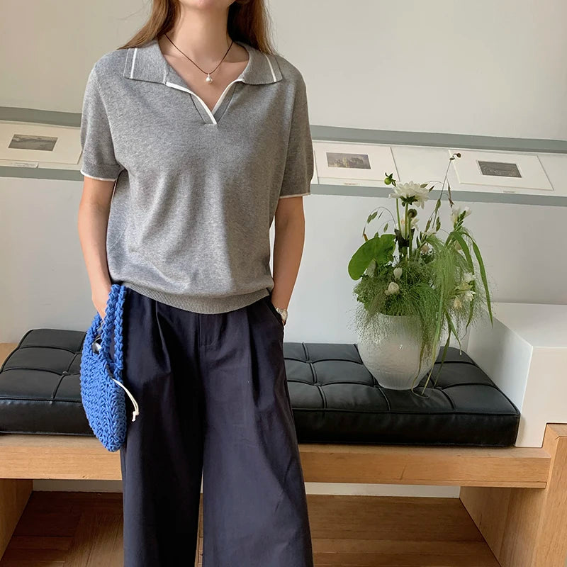 Summer 100% cotton women's T-shirt casual striped knit pullover short sleeved loose POLO collar Tees Pull luxury brand Tops