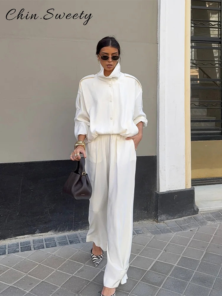 Casual Women's White Jacket Pants Set Loose Stand Collar Full Sleeve Single Breasted Jackets Wide Leg Pant 2026 Spring Suit