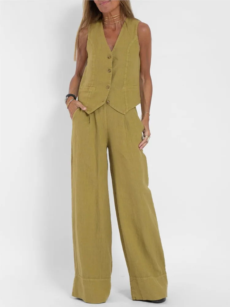 Women Fashion Solid V-neck Sleeveless Two Piece Sets New Spring Summer Button Vest Top & Wide Leg Pants Office Casual Outfits