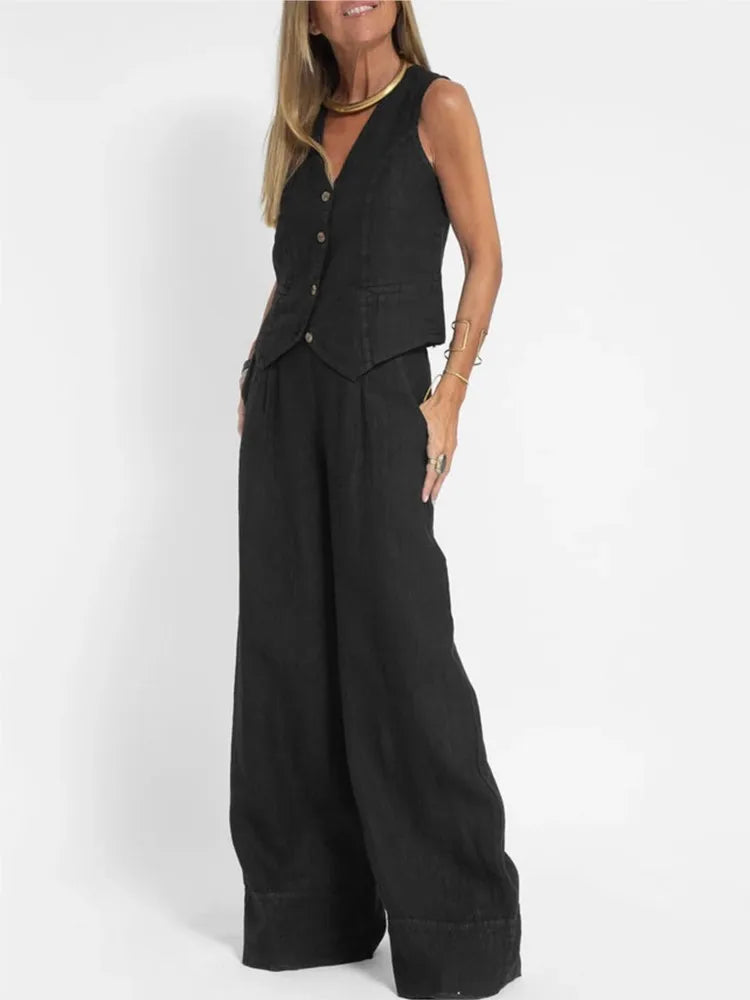 Women Fashion Solid V-neck Sleeveless Two Piece Sets New Spring Summer Button Vest Top & Wide Leg Pants Office Casual Outfits