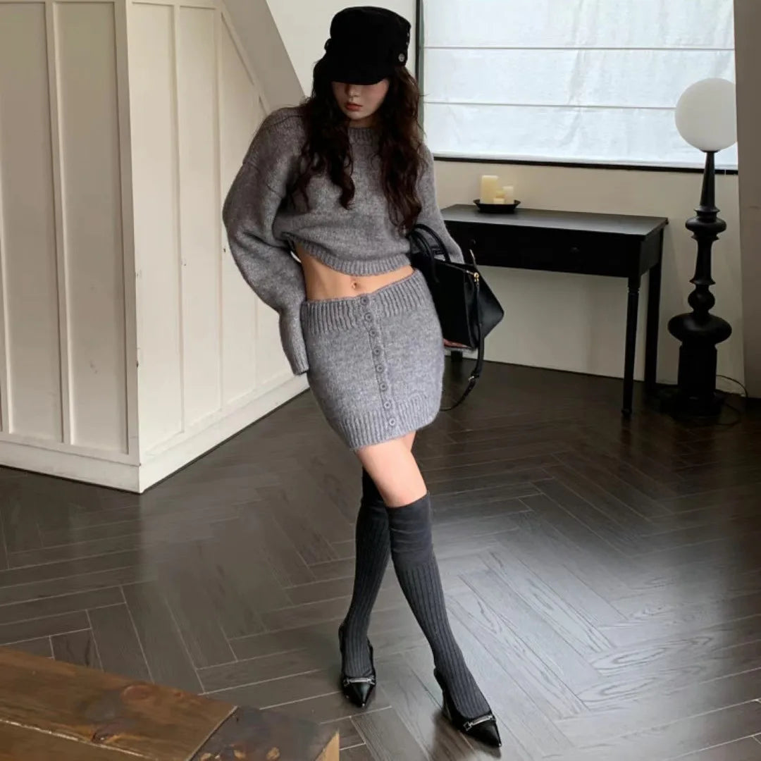 2026 New Autumn Winter Two Piece Sets Fashion Women Solid Warm Long Sleeve Sweaters Shorts Skirt Suit Casual Loose Streetwear