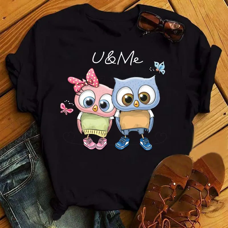 Maycaur Cartoon Owl Print T Shirt Women Kawaii Graphic Shirts Casual Short Sleeved Black Female Tee O-neck Harajuku T-shirts