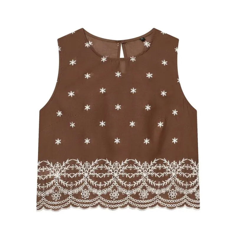 Women's Summer Set Hollow Embroidered Casual Skirt Outfit Sleeveless Top Floral Elastic Waist Two Piece Limited Stock