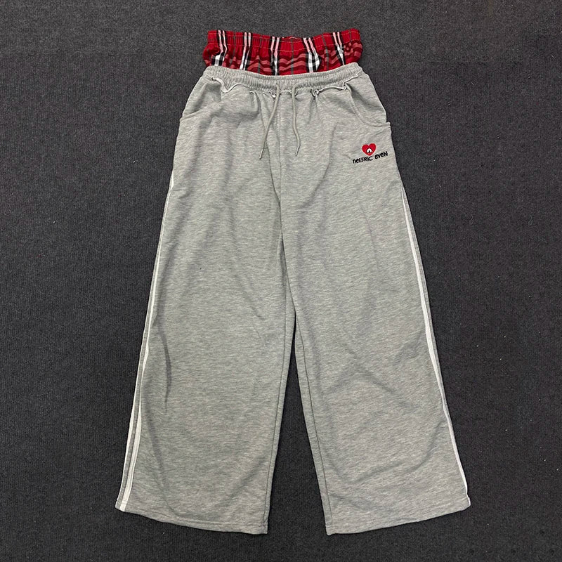 Women's Spring Checkered Double-Waisted Casual Pants Loose Street Fashion Sweatpants with Letter Embroidery