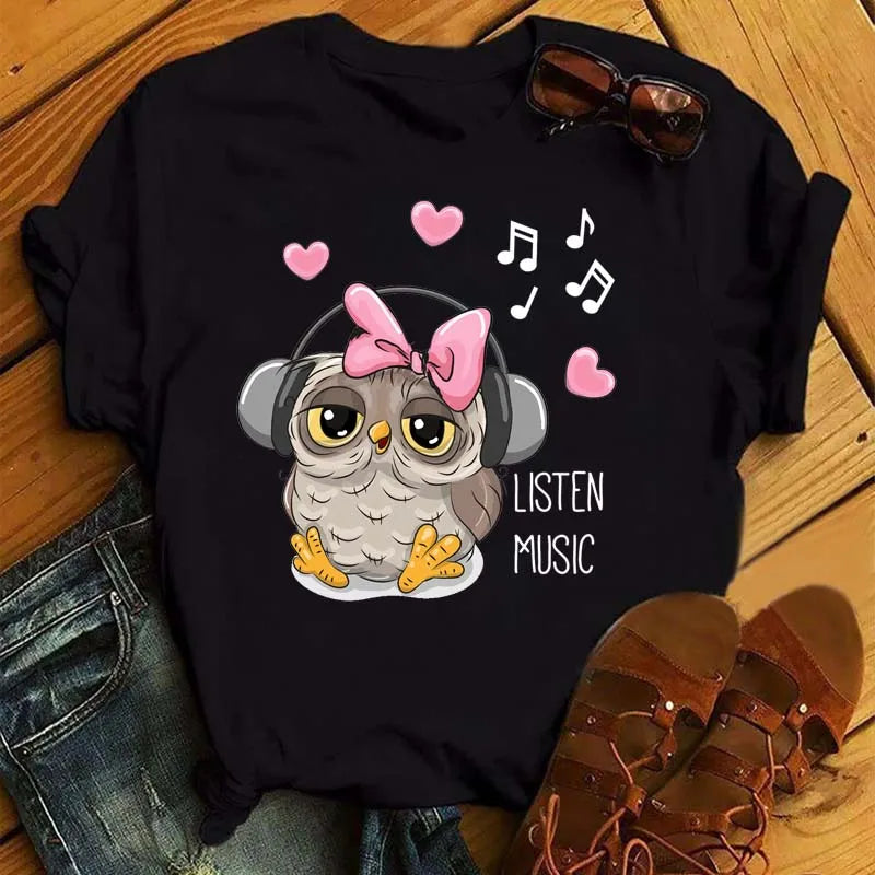 Maycaur Cartoon Owl Print T Shirt Women Kawaii Graphic Shirts Casual Short Sleeved Black Female Tee O-neck Harajuku T-shirts