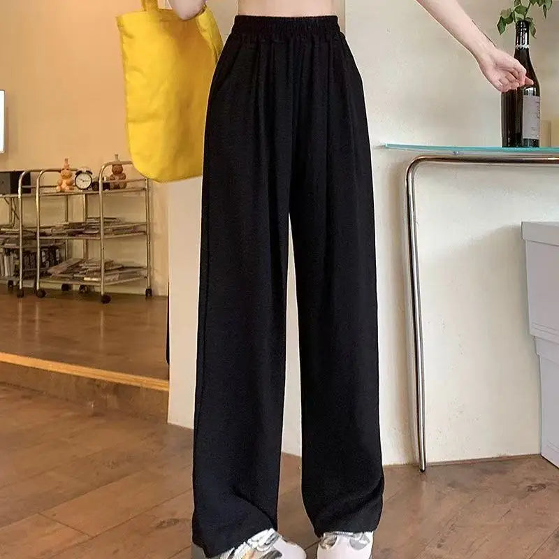 Casual Summer Ice Silk Wide Leg Pants Women's Floor-Length Draping Slimming Long Trousers Design Sense Polyester Satin