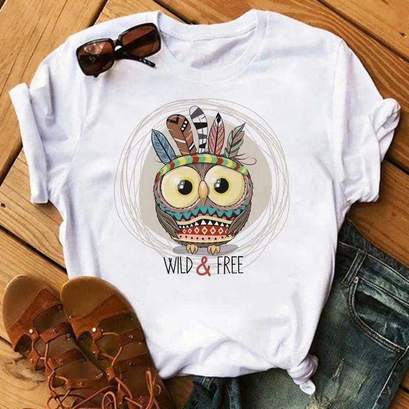 Maycaur Cartoon Owl Print T Shirt Women Kawaii Graphic Shirts Casual Short Sleeved Black Female Tee O-neck Harajuku T-shirts