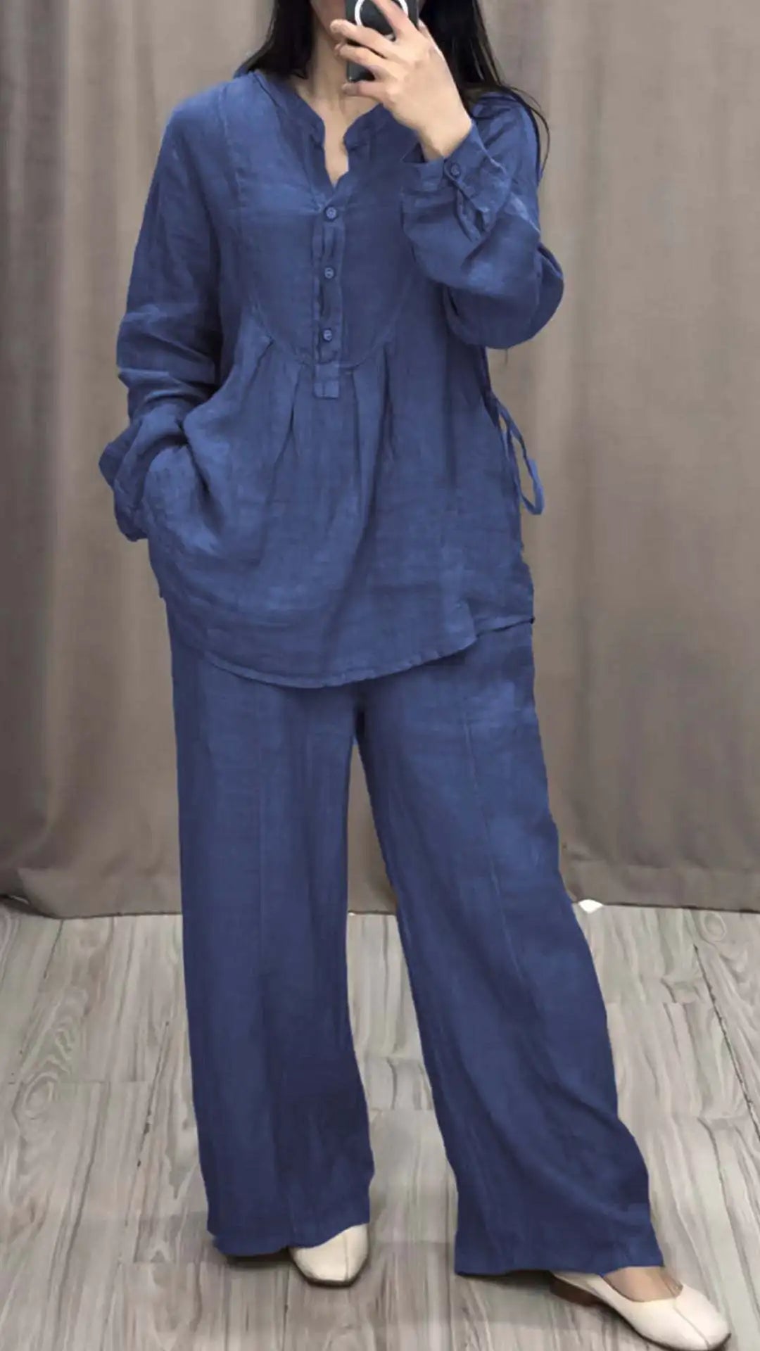 Fashion Women's Spring Autumn Two Piece Sets Casual Long Sleeve Pocket Shirts Loose Solid Color Wide-leg Pants Suit Women