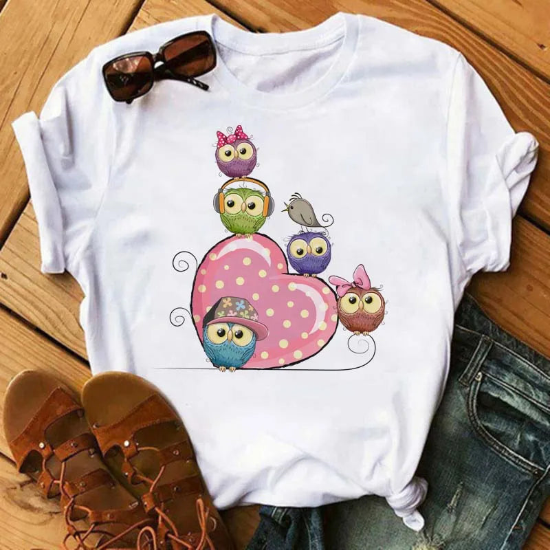 Maycaur Cartoon Owl Print T Shirt Women Kawaii Graphic Shirts Casual Short Sleeved Black Female Tee O-neck Harajuku T-shirts