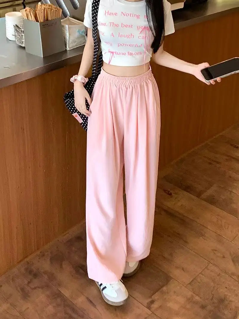 Casual Summer Ice Silk Wide Leg Pants Women's Floor-Length Draping Slimming Long Trousers Design Sense Polyester Satin