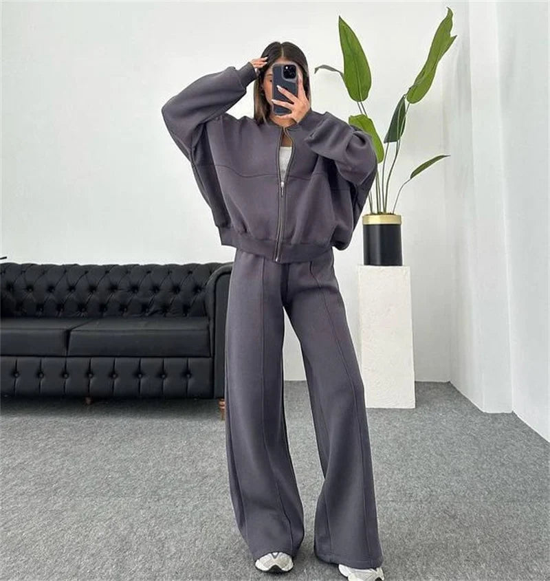2026 Sweatshirt Two-piece Suit Women's Casual Sets Loose Zipper-up Short Jacket Tops Straight Trousers Sports 2-piece Sets Lady