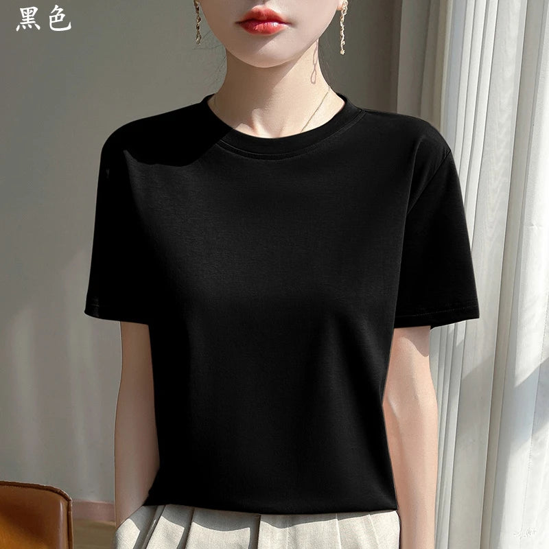 2026 Summer New Cotton Short Sleeve T-shirt Women's Round Neck Half Sleeve Mercerized Cotton Cool T-shirt