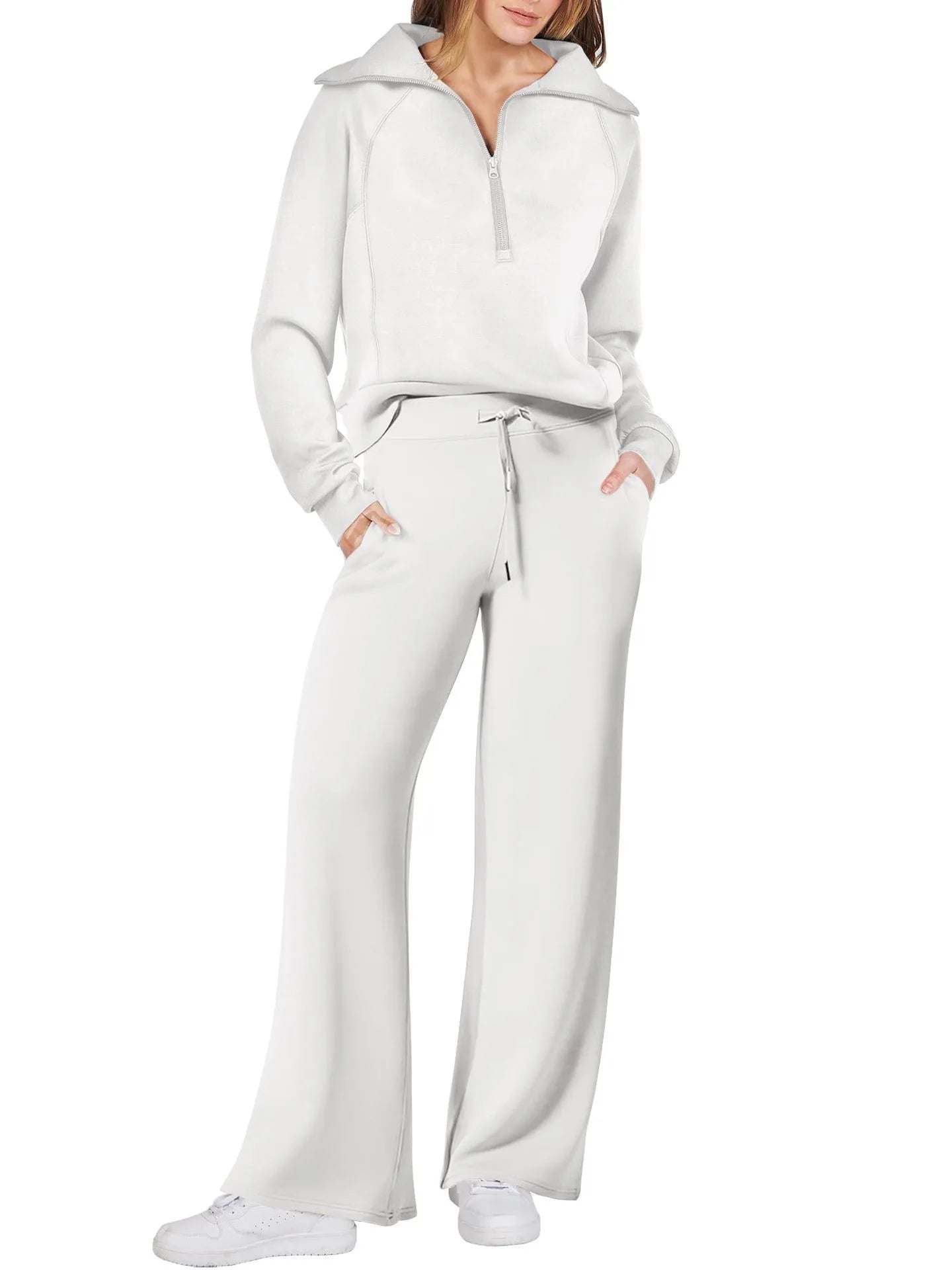 Solid Two-piece set Women Fashion Long Sleeve Zipper Sweater Pullover Tie up Pocket Wide Leg Pant Suit Loose Casual Sport Sets
