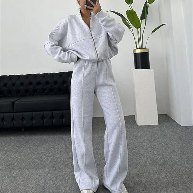 2026 Sweatshirt Two-piece Suit Women's Casual Sets Loose Zipper-up Short Jacket Tops Straight Trousers Sports 2-piece Sets Lady