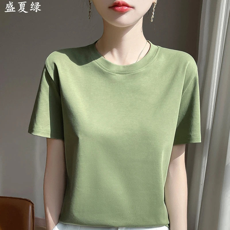 2026 Summer New Cotton Short Sleeve T-shirt Women's Round Neck Half Sleeve Mercerized Cotton Cool T-shirt