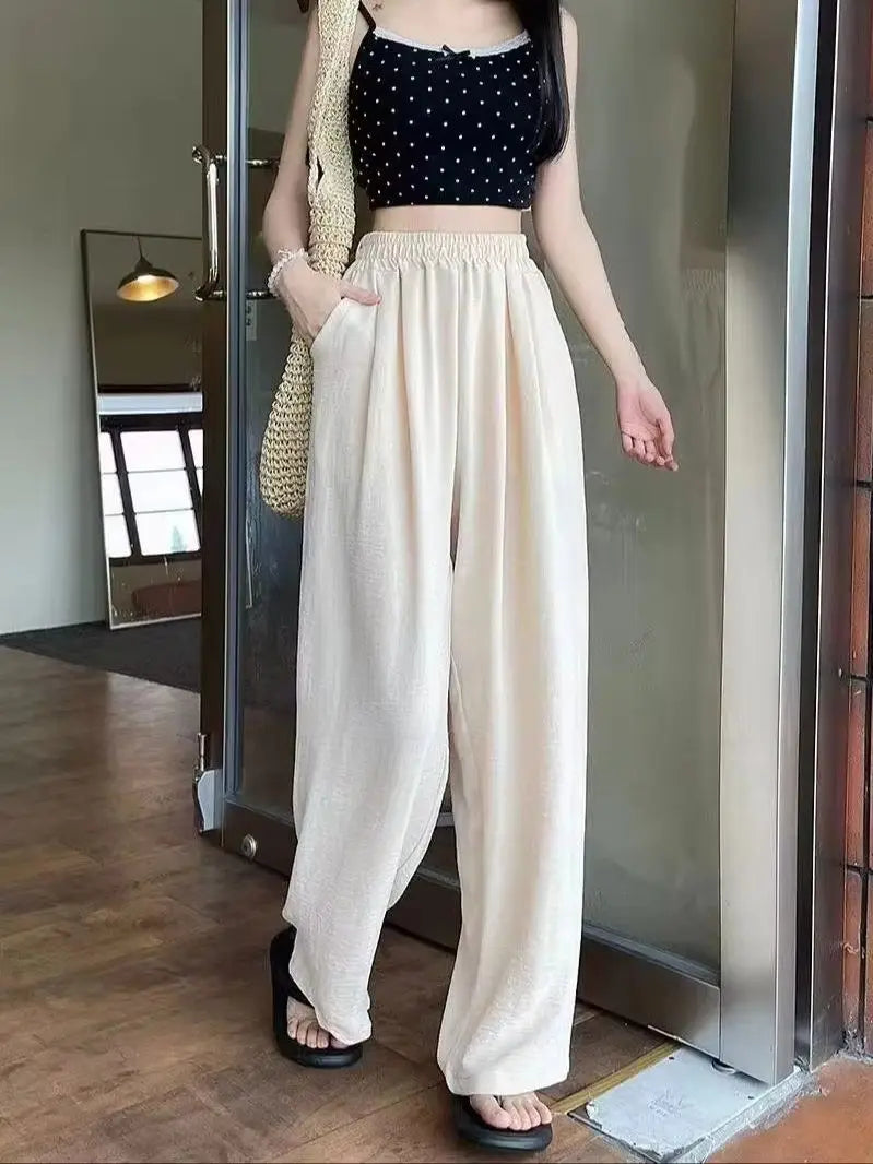 Casual Summer Ice Silk Wide Leg Pants Women's Floor-Length Draping Slimming Long Trousers Design Sense Polyester Satin