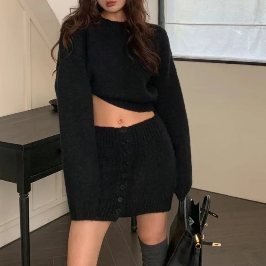 2026 New Autumn Winter Two Piece Sets Fashion Women Solid Warm Long Sleeve Sweaters Shorts Skirt Suit Casual Loose Streetwear