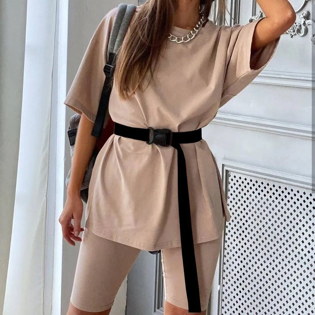 Women Half Sleeve T-shirt Top Shorts Belt Homewear Two Pieces Suit Leisure Set Bodycon Shorts Bottom Suit Two Piece Sets Outfit