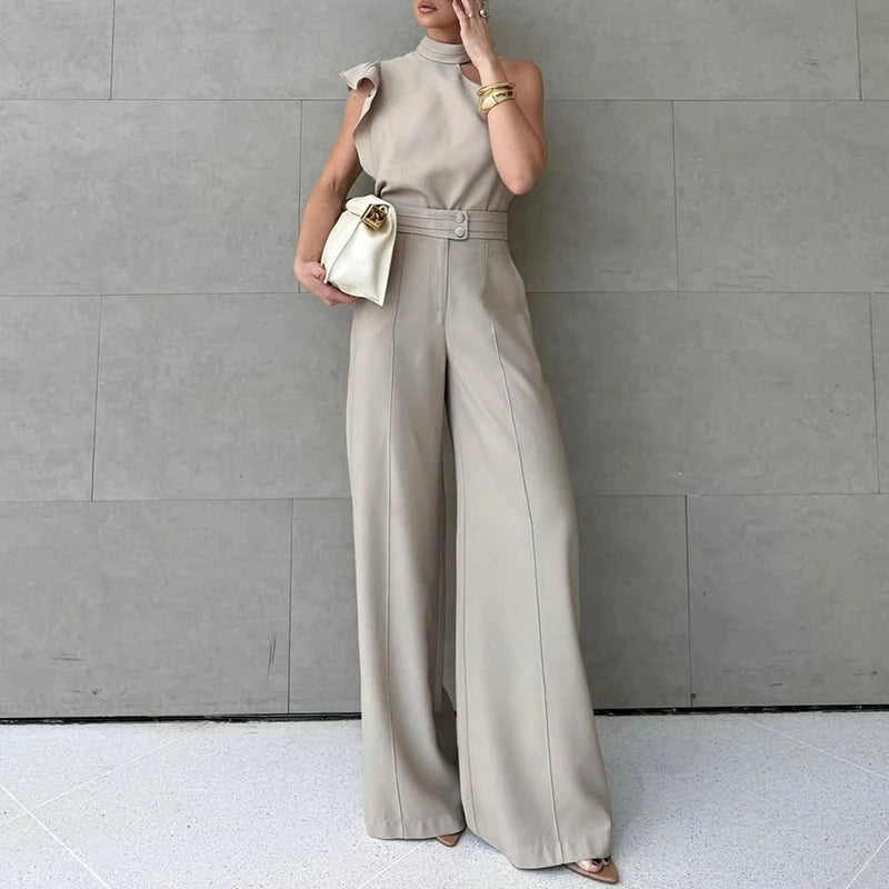 Women Summer Streetwear Sexy Asymmetric Sleeveless Tops&Straight Pants Sets Fashion Irregular Solid Color Commute Two Piece Sets