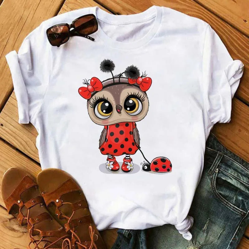 Maycaur Cartoon Owl Print T Shirt Women Kawaii Graphic Shirts Casual Short Sleeved Black Female Tee O-neck Harajuku T-shirts