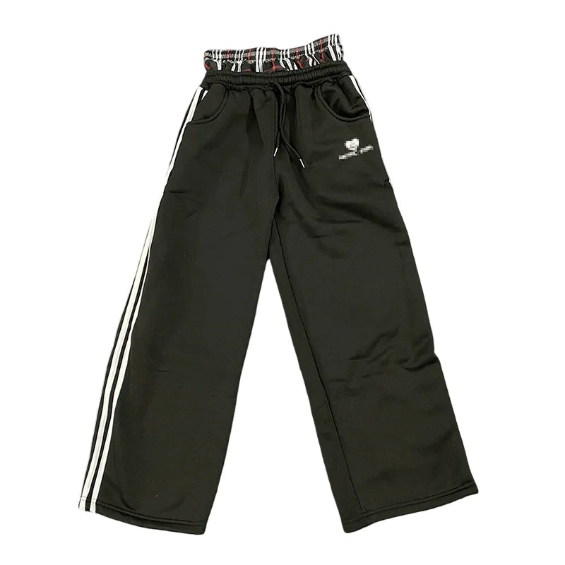 Women's Spring Checkered Double-Waisted Casual Pants Loose Street Fashion Sweatpants with Letter Embroidery