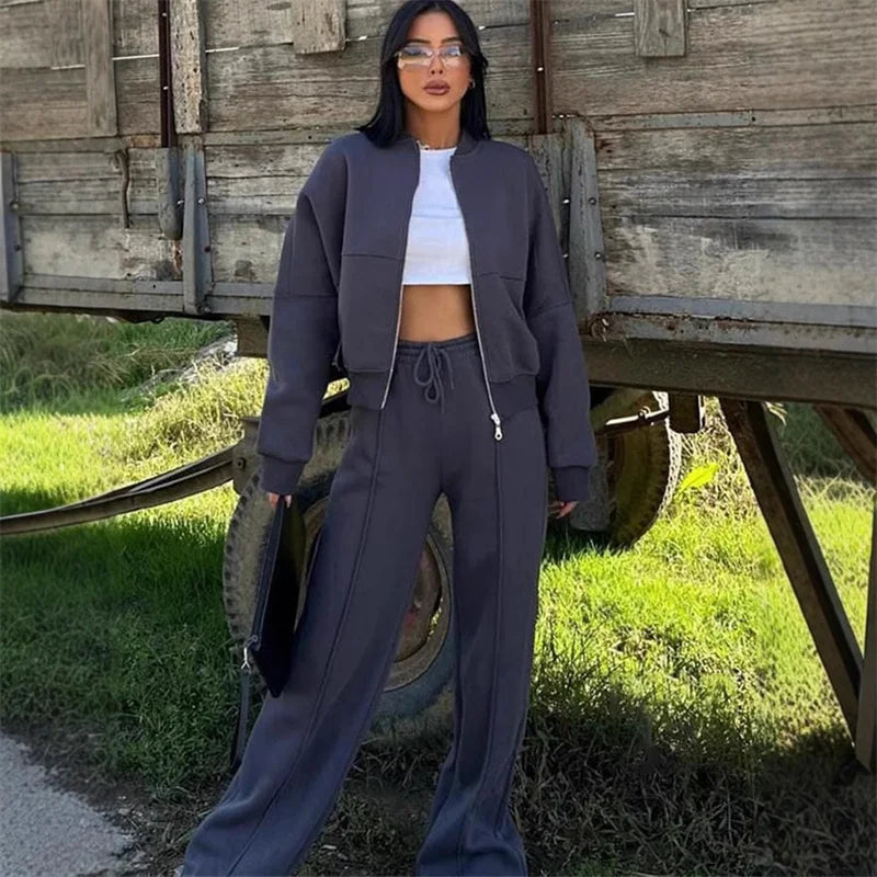 2026 Sweatshirt Two-piece Suit Women's Casual Sets Loose Zipper-up Short Jacket Tops Straight Trousers Sports 2-piece Sets Lady