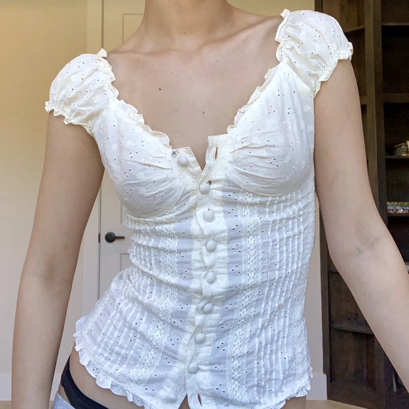 Women Y2k Fairy Grunge Shirts Puff Short Sleeve V-Neck Button-Down Blouses Tops E-Girls Vinatge Aesthetic Clothes
