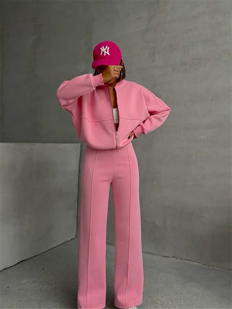 2026 Sweatshirt Two-piece Suit Women's Casual Sets Loose Zipper-up Short Jacket Tops Straight Trousers Sports 2-piece Sets Lady