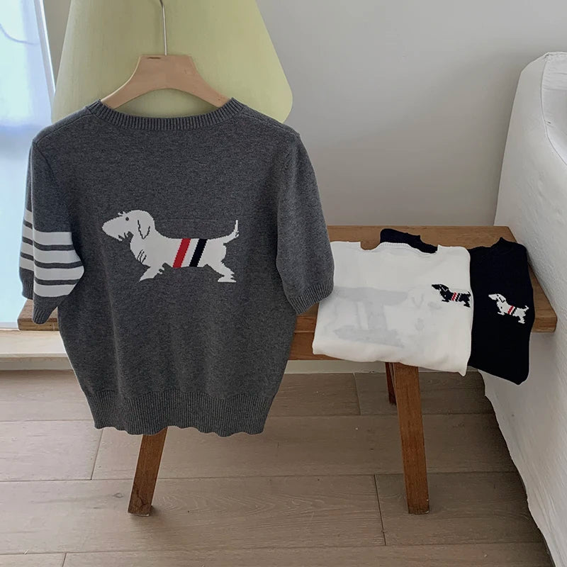 Summer 100% cotton women's T-shirt casual striped knit pullover short sleeved loose round neck Tees embroidered luxury brand Top