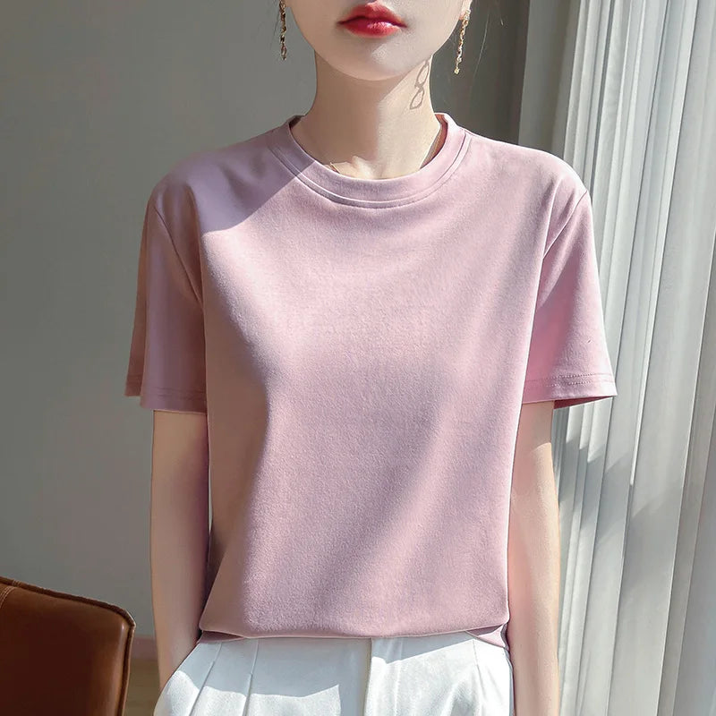 2026 Summer New Cotton Short Sleeve T-shirt Women's Round Neck Half Sleeve Mercerized Cotton Cool T-shirt