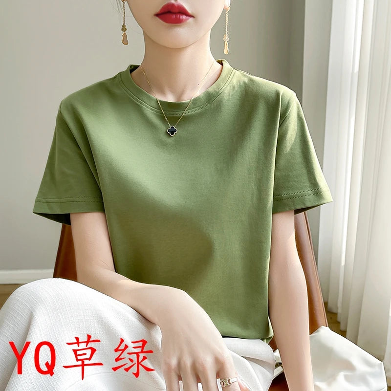 2026 Summer New Cotton Short Sleeve T-shirt Women's Round Neck Half Sleeve Mercerized Cotton Cool T-shirt