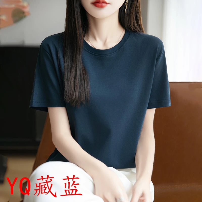 2026 Summer New Cotton Short Sleeve T-shirt Women's Round Neck Half Sleeve Mercerized Cotton Cool T-shirt